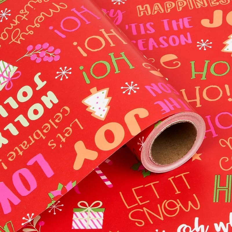 BIULDPY Rollo de Papel de Regalo Rojo - Papel de Regalo Navideño Reciclable con Estampado de Letras para Navidad, Cumpleaños y Bodas - 43 cm x 10 m — Envoltorio regalo