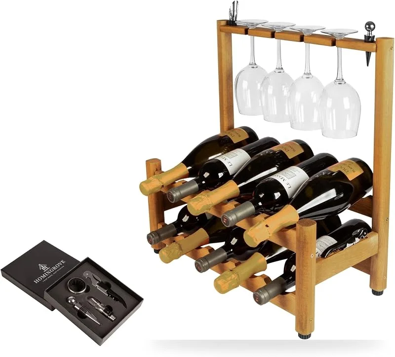 Homingrove Botellero Vino de Madera FSC – 10 Botellas y 4 Copas — Vino y mesa festiva