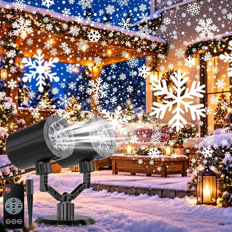 LinBii Proyector Navidad Exterior 2 Cabezas Copos Nieve, Blanco Cálido, V1 — Luces Navidad