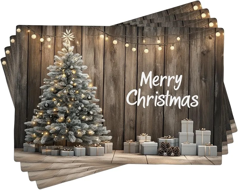 Generic Juego de 4 manteles individuales de árbol de Navidad, manteles individuales de tela decorativos de Navidad para cenas festivas, lavables para interiores y exteriores, 45, 7 x 30, 5 cm — Hogar y cocina