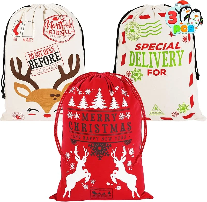 Visita la tienda de JOYIN JOYIN 3 Paquetes de Bolsas de Regalo para Navidad, Saco de Arpillera de Papá Noel con Cordón de 66cm x 48cm para Almacenamiento de Paquetes de Navidad Grandes — Envoltorio regalo