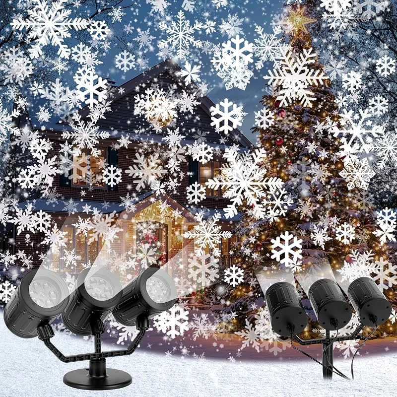 Herefun Proyector Navidad de Copos de Nieve, tres Cabezas Proyector Dinámica navidad exterior con Temporizador, Resistente al Agua, Decoración Navidad Para Paredes Casas Jardines Entrada — Luces Navidad