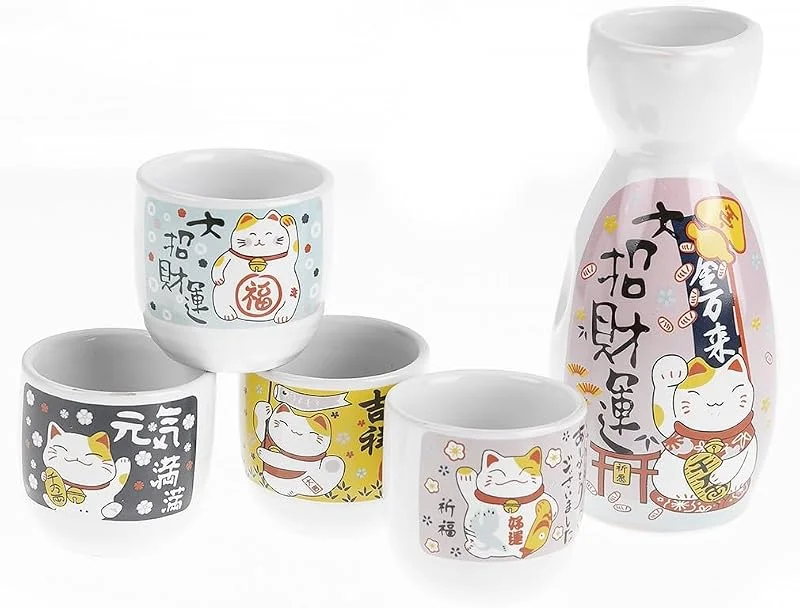 Lachineuse Juego de sake japonés Maneki Neko – 1 jarra y 4 vasitos — Adviento y mesa