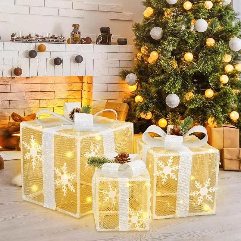 Clyfanesy Juego de 3 Cajas de Regalo Iluminadas de Navidad, Cajas de Regalo Decorativas de Navidad, Cajas de Regalo Iluminadas con Luces LED, Cajas Regalo Iluminadas Reutilizables para Hogar Jardín Fiesta — Envoltorio regalo
