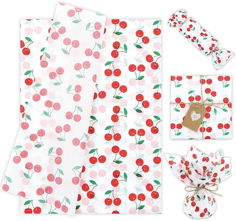 Boerni 60 hojas de papel de seda de cerezas para envolver regalos, 28 x 20 pulgadas, diseño de frutas de verano, papel de seda a granel para cumpleaños, Navidad, embalaje, fiesta, vacaciones — Envoltorio regalo