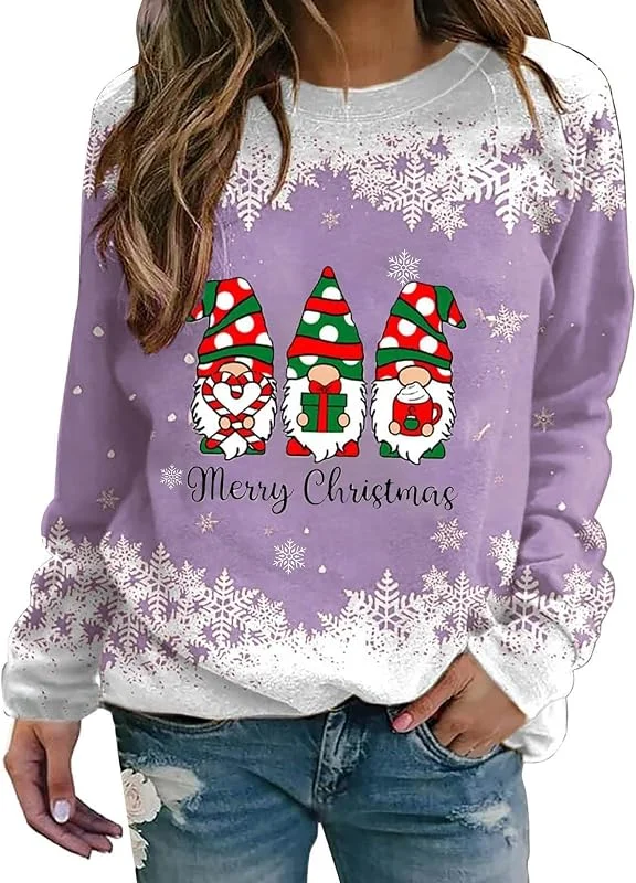 Generic HUIFUAO - Sudadera de Navidad para mujer, suéteres de Navidad para mujer, diseño de gnomos de Papá Noel, cuello redondo, manga larga, suéter de Navidad para mujer — Ropa Navidad
