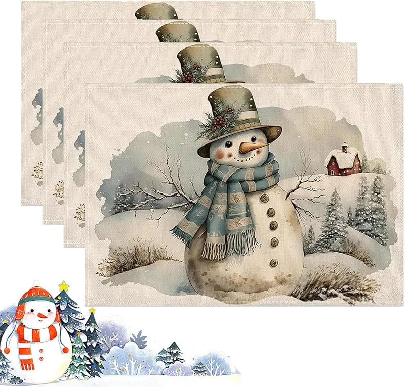 ZoneYan Manteles Individuales Navidad, ZoneYan 4 Piezas Salvamanteles Navidad, Patrón de Muñeco de Nieve, Manteles Individuales Lavables, para Comedores, Fiestas (B) — Hogar y cocina