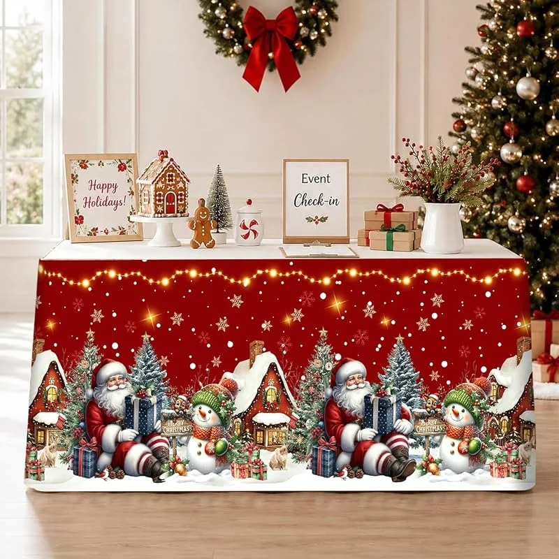 1 falda de mesa de Navidad con diseño de Papá Noel y casas acogedoras de 180 x 76 cm, poliéster, encantador camino de mesa para fiestas, decoración elegante de temporada para el hogar y la cocina — Adviento y mesa