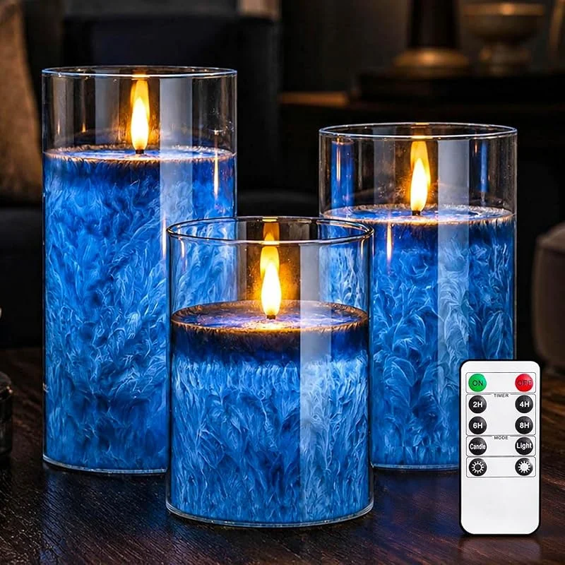 Visita la tienda de MOZC Velas LED sin llama con función de temporizador, 3 unidades de 10 – 15 cm, velas LED parpadeantes con cristal, velas decorativas a pilas, para decoración de baño, salón, decoración de dormitorio — Cena a la luz de velas