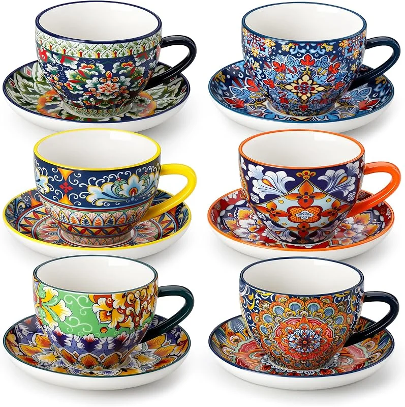 Visita la tienda de vancasso vancasso SIMI Juego de 12 Tazas de Café y Platillos (240 ml) - Tazas Cafe de Cerámica para 6 Personas, para Leche, Expresso y Capuchino - Estilo Bohème - Aptas para Microondas — Adviento y mesa