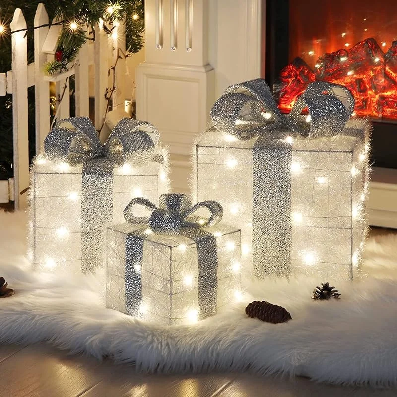 ELKTRY Juego de 3 Cajas de Regalo Luces de Navidad, 140 Luces LED con Impermeable, 8 Modos Decoracion Navidad con Función de Memoria, Caja de Regalo de Lluvia con Enchufe(Blanco cálido) — Luces Navidad