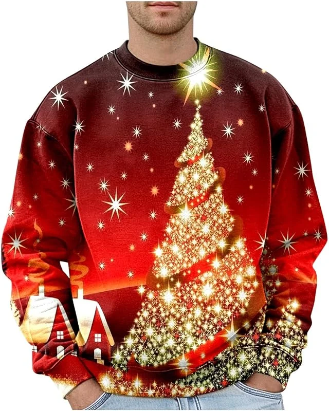 Generisch Jersey de Navidad para hombre de talla grande sin sudaderas de moda con estampado de logotipo de vacaciones, ropa exterior informal hip-hop, ropa de calle cómoda camiseta de manga larga para — Ropa Navidad