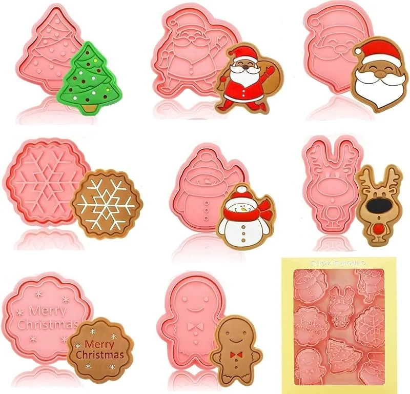 JUNBAOYYDS 8 Pcs Moldes Galletas de Plástico Navidad, Juego de Cortadores de galletas, 3D pressables, para Decoración de Fiesta — Hogar y cocina