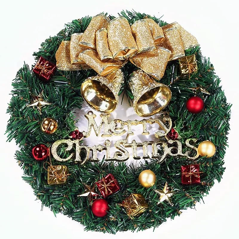 MZSX Corona de Navidad 30CM, Puerta, Agujas de Abeto Artificiales, Decoración navideña para Puerta de Casa, Bowknot ​Jingle en la Puert Colgante de Navidad Fiesta Regalo Ventana Exterior — Decoracion Navidad