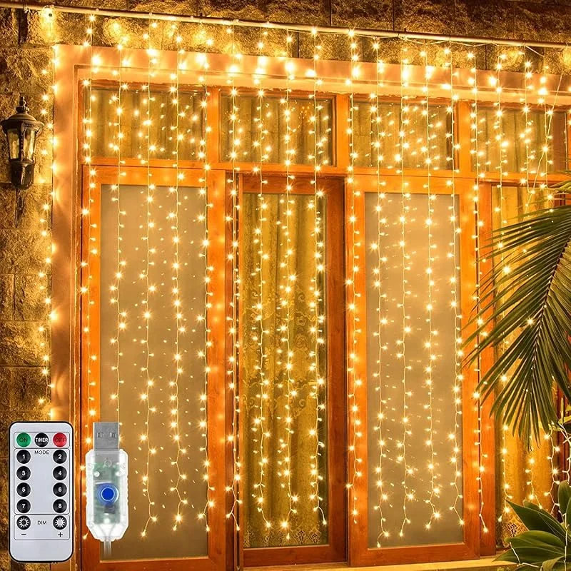 Ollny Cortina de Luces 3x3m, 300 LED Luz de Cortina USB con Mando a Distancia 8 Modos de Luz, Impermeable Función de sincronización para Navidad Bodas Fiestas Ventanasy Dormitorio(Blanco Cálido) — Luces Navidad
