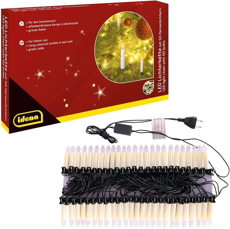 Visita la tienda de Idena Idena 31839 - Luces de hadas LED con 50 velas, velas de color marfil con clips de fijación, aprox. 26 m de largo, decoración navideña e iluminación para el árbol de Navidad — Luces Navidad