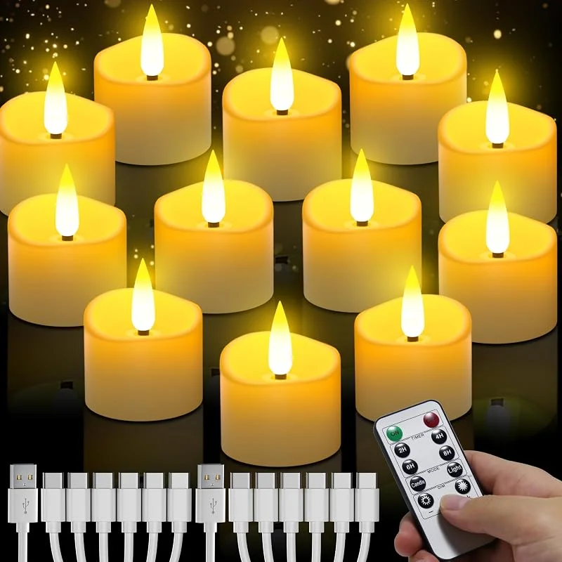 daphomeu Velas LED recargables con mando a distancia 12 piezas, velas de té sin llama con función de temporizador automático, velas a pilas para bodas, fiestas, Halloween, Navidad, decoración del hogar — Luces Navidad