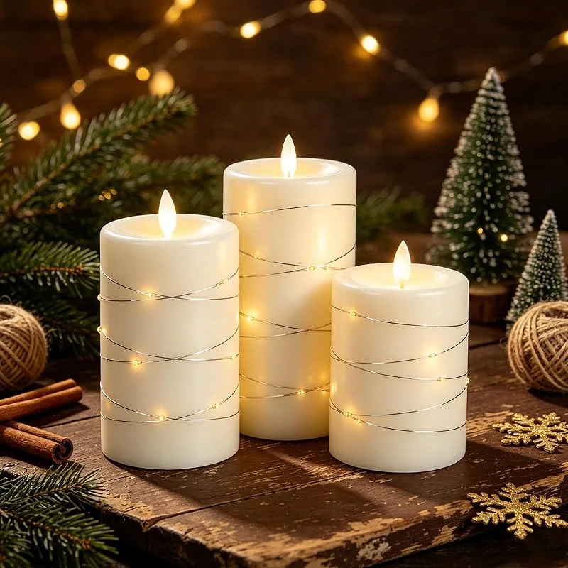 CPROSP 3 Velas LED Marfil con Luces Hada Envolventes, Efecto Llama Realista — Luces Navidad