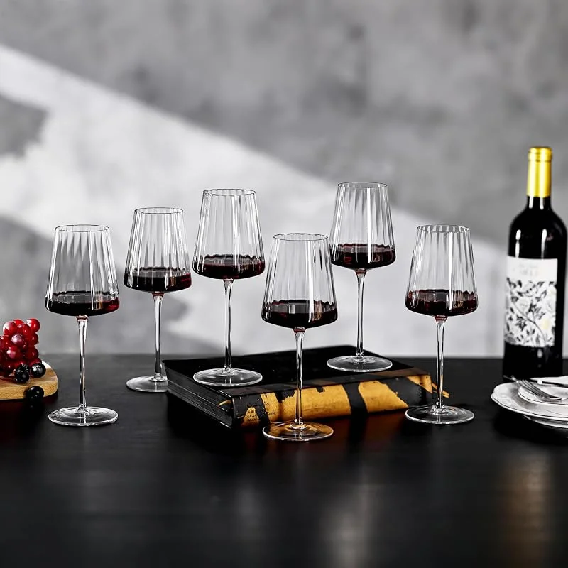 Imourari Juego de 6 copas de vino tinto estriadas – 400 ml sopladas a mano sin plomo – Copas de vino blanco con mango – Copas de vino para vino tinto, vino blanco, ginebra — Vino y mesa festiva
