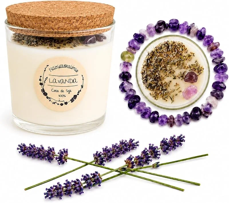 VICEMA Vela Aromática de LAVANDA de Cera de Soja 100% Natural, 250 g, con Pulsera de Piedras Naturales de AMATISTA, Perfumada para Salón, Dormitorio, Yoga y Meditación. Fabricada en ESPAÑA — Cena a la luz de velas