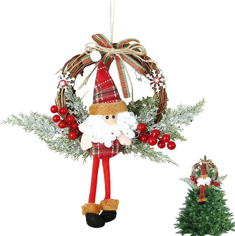 FMPXYYA Corona Decorativa navideña de 35 cm, Adecuada para Puertas, Ventanas y Paredes, Artificial de Papá Noel con Bayas, Copos de Nieve y Cinta roja, Adecuada para Decoraciones navideñas — Decoracion Navidad