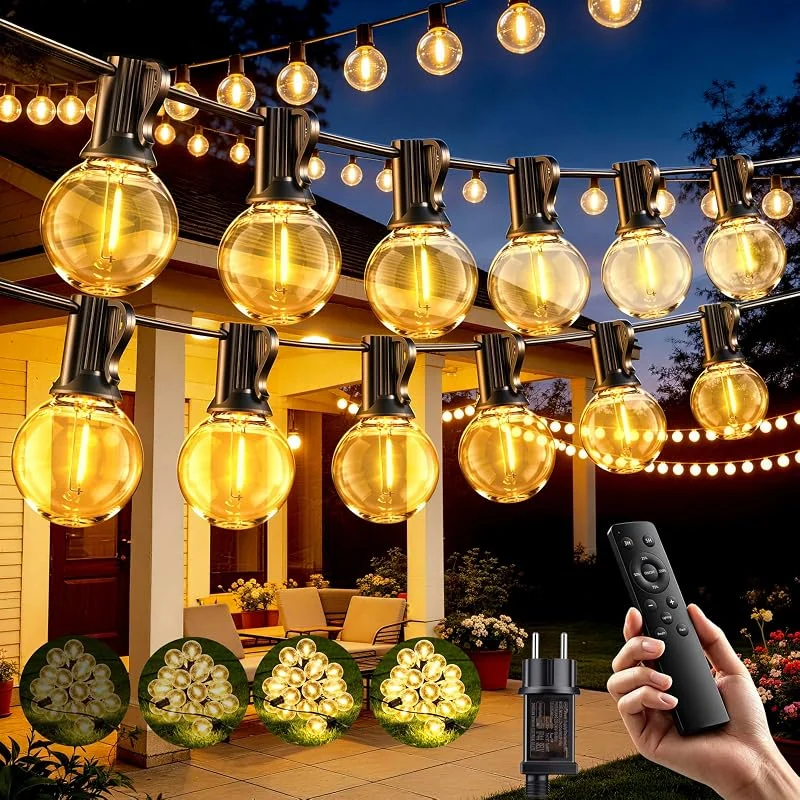 Caldarax Guirnalda Luces Exterior Jardín 20M con Control Remoto, con 25+2 LED G40 Bombillas, Blanco Cálido, 3 Modos, Impermeable, Regulable, Sincronización, Guirnalda para Jardin, Terraza, Fiestas, Patio — Luces Navidad