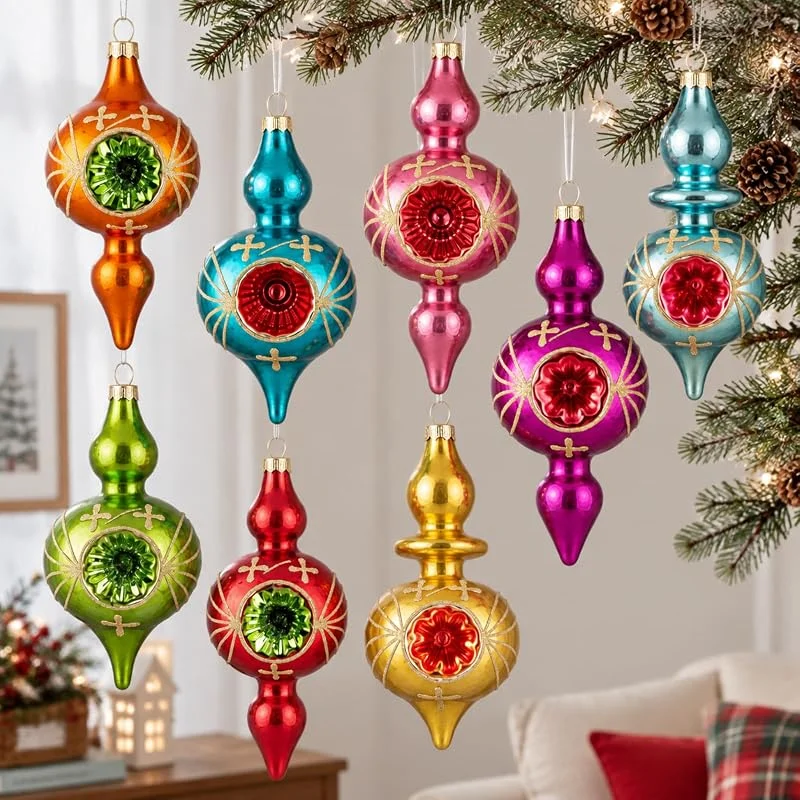 Soulchen 8 adornos de Navidad de cristal vintage retro con centro reflector con oropel, vidrio de mercurio, adornos rústicos para árbol de Navidad, coronas de árbol de Navidad, decoración del hogar — Decoracion Navidad