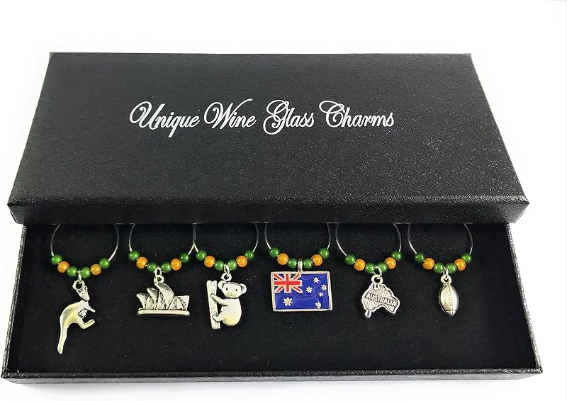Libby's Market Place Set de 6 Australia, Australia Copa de vino encantos con caja de regalo hecho a mano por Libby 's Market Place — Vino y mesa festiva