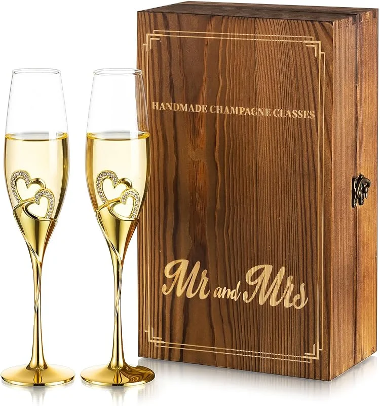 Visita la tienda de Nuptio Nuptio Copas de Champán en Cristal para Boda - Juego de 2 Doradas Con Caja Regalo Madera, Prosecco para Novia y Novio, Compromiso, Aniversario, Despedidas Soltera, Brindis — Vino y mesa festiva