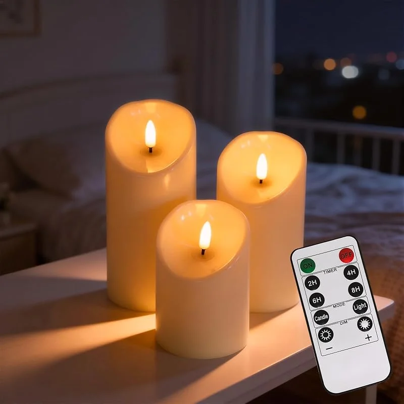 NewAusen 3 Piezas Velas LED Recargable con Mando a Distancia, Velas Led Efecto Llama 3 Tamaño(10 cm, 12 cm, 15 cm) para La Decoración Casera del Partido, Acampar, Boda, Regalos — Luces Navidad