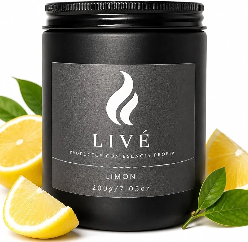 LIVÉ Vela Aromática de Limón en Frasco de Cristal Tintado con Tapa Metálica, 40h de Duración, Cera de Soja100% Natural, Perfume para Hogar, Decoración y Regalo, Reutilizable — Cena a la luz de velas