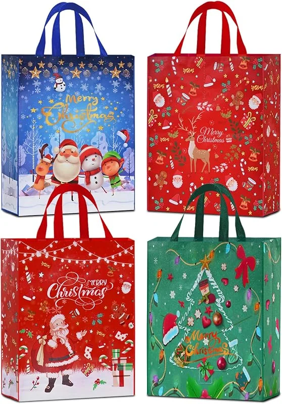 AhfuLife AhuLife 4pcs Bolsa de Regalo Navideño, 54×41×16 cm Grande Bolsa Reutilizable no Tejida, Bolsa Navideña con Manija, Bolsa de la Compra Impermeable Navideña, Bolsas no Tejidas Navideñas — Envoltorio regalo