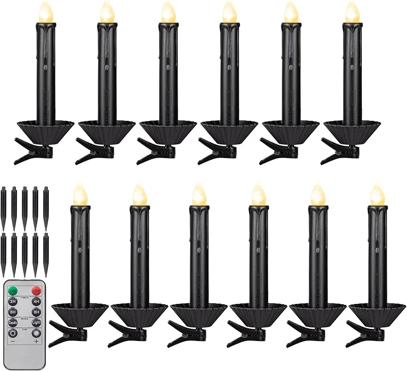 KI Store Velas LED con función de temporizador, llama parpadeante, LED, velas de cera real con mando a distancia, velas blancas de varilla, 12 unidades para decoración de Navidad — Cena a la luz de velas