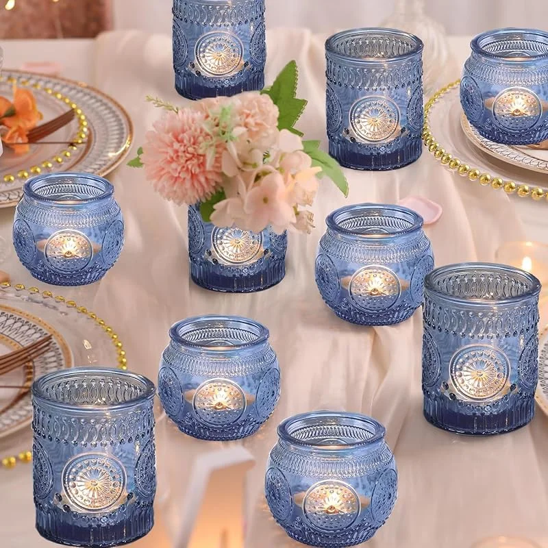 Jinavoty 12 portavelas de cristal azul, portavelas votivos vintage para centros de mesa, hogar, despedida de soltera, cumpleaños, decoración de mesa de fiesta (azul) — Cena a la luz de velas