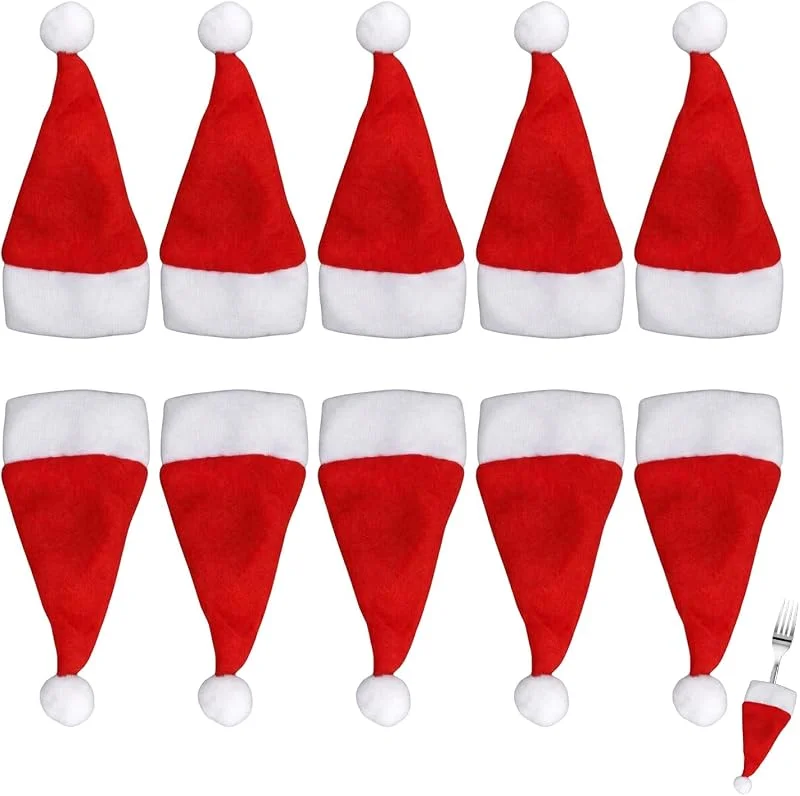 KOHVAN 10 Piezas Mini Gorros de Navidad 6x12cm, Mini Gorro Papa Noel para Decoración de Botellas de Vino, Porta Cubiertos Navideños y Manualidades, Adornos de Mesa de Santa Claus — Ropa Navidad