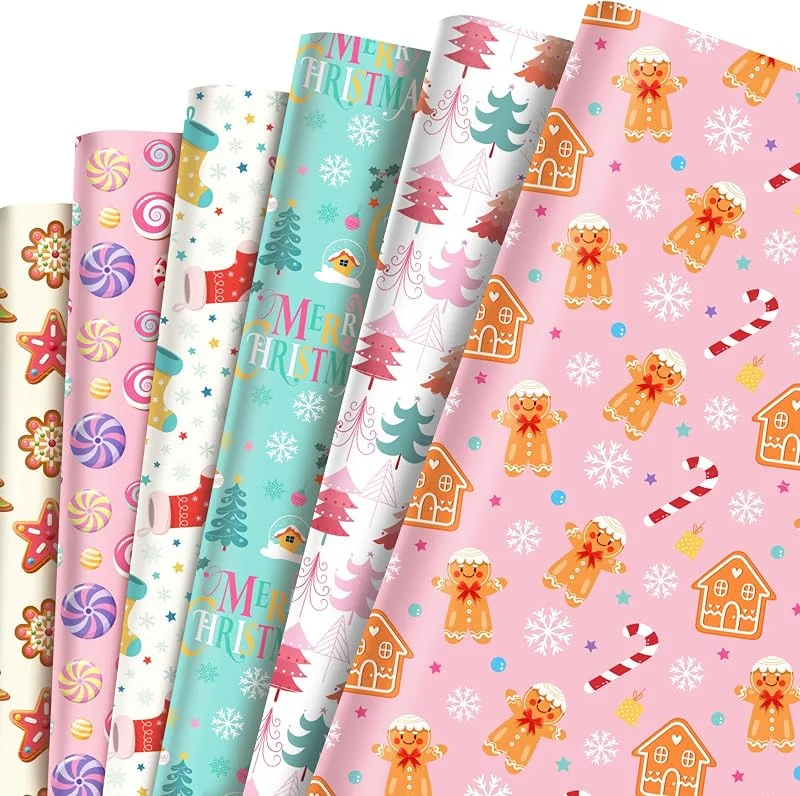 HOWAF 12 Hojas Papel Regalo Navidad, Papel de Regalo Navidad Papel Regalo Rosa Candy Cane la Casita de Jengibre Papel Envolver Regalo para Decoracion Navidad Adornos Navidad, Cumpleaños, Año Nuevo — Envoltorio regalo