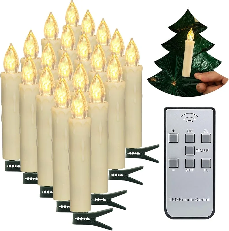Visita la tienda de PChero PChero Velas para arbol de Navidad, 20 Velas cónicas de batería parpadeantes sin llama LED con control remoto para la fiesta en el hogar Decoración de árboles de Navidad al aire libre en interiores — Luces Navidad