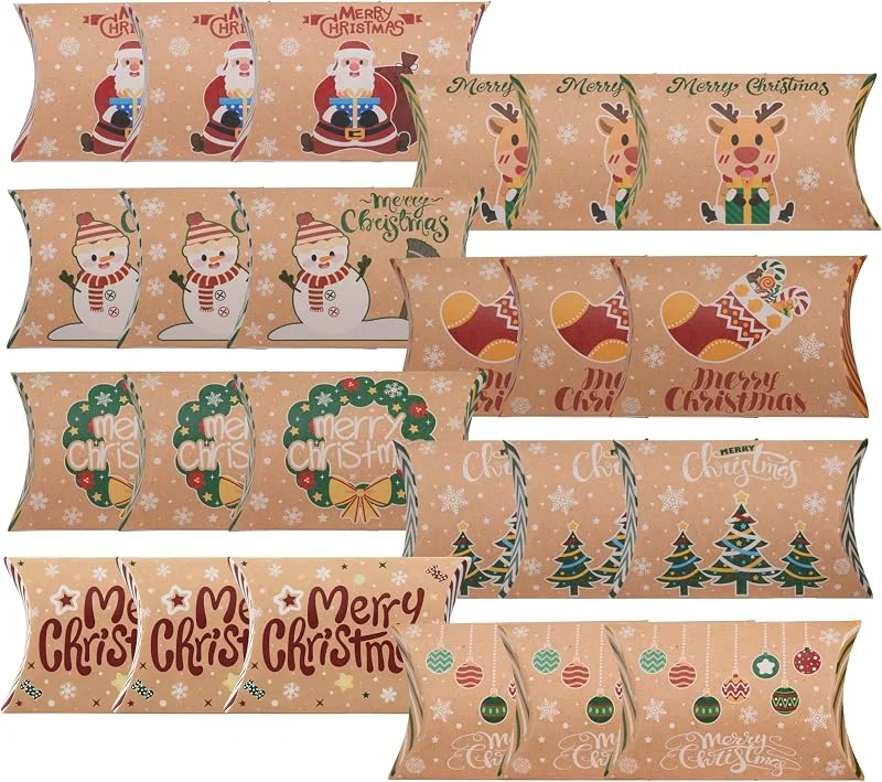 Sylkeov 24 Cajitas Navidad Almohada, Cajas de Regalo Navideñas para Dulces, Galletas y Sorpresas, 8 Estilos Diferentes, Perfectas para Decorar y Celebrar en Navidad — Envoltorio regalo