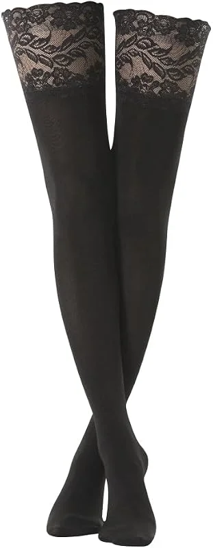 Visita la tienda de Gi&Gi Gi&Gi Medias negras con encaje floral de 100 denier, suaves al tacto, con volantes de silicona, estilo elegante y sensual — Ropa Navidad