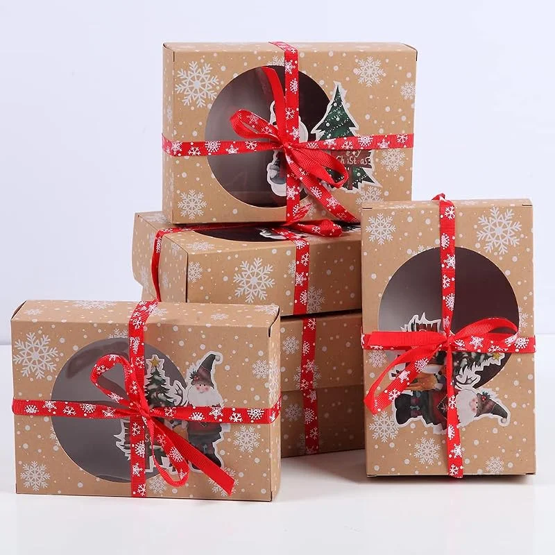 DOJoykey Cajas de Regalo con Cinta Roja para Navidad, 6 Piezas Caja de Regalos de Papel Kraft con Ventana para Navidad Panadería Chocolate Lolly Pop Dulces Galletas — Envoltorio regalo