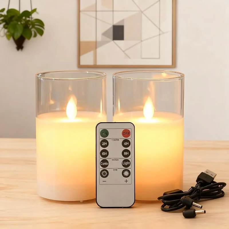 Koelaa Pack de 2 Velas LED Recargables USB sin Llama, de Cera Real con Cristal – Control Remoto y Efecto de Llama Realista Vacilante – Ideales para Hogar, Navidad y Fiestas (Blanco, 7, 5 x 12, 5 cm) — Cena a la luz de velas