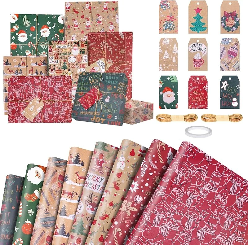 EOPUOZS 8 Piezas Wrapping Paper Christmas, 70x50cm Papel Regalo Navidad Kraft, con Tarjeta Colgante x9 + Cuerda de Cáñamo x2, para Envolver Regalos en Fiestas Navideñas, Decoración Navideña — Envoltorio regalo