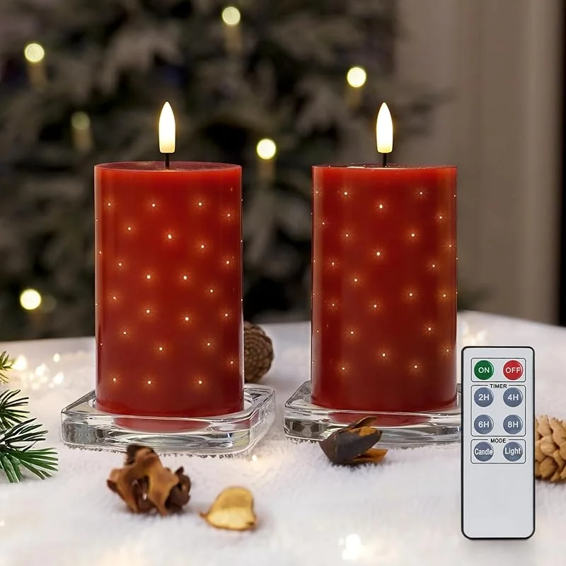 Visita la tienda de Rhytsing Rhytsing 2 Velas LED de cera real en Rojo Burdeos con Luces de Fibra Óptica Parpadeantes, Velas Rojas Navidad con Mando a Distancia para Año Nuevo, Pilas Incluidas, 7, 5 x 7, 5 x 12, 5 cm — Cena a la luz de velas