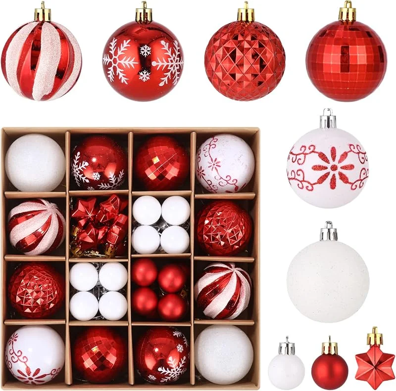Suvexor Juego de 44 bolas de Navidad de plástico, color rojo y blanco — Decoracion Navidad