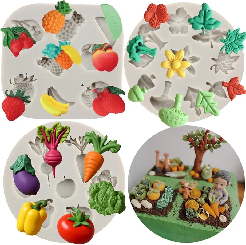 MYPRACS 3 moldes de silicona para verduras, frutas y otros ingredientes, incluyendo fresas, piña, fondant, cupcakes, pasteles, dulces, chocolate, pasta de goma y arcilla — Hogar y cocina