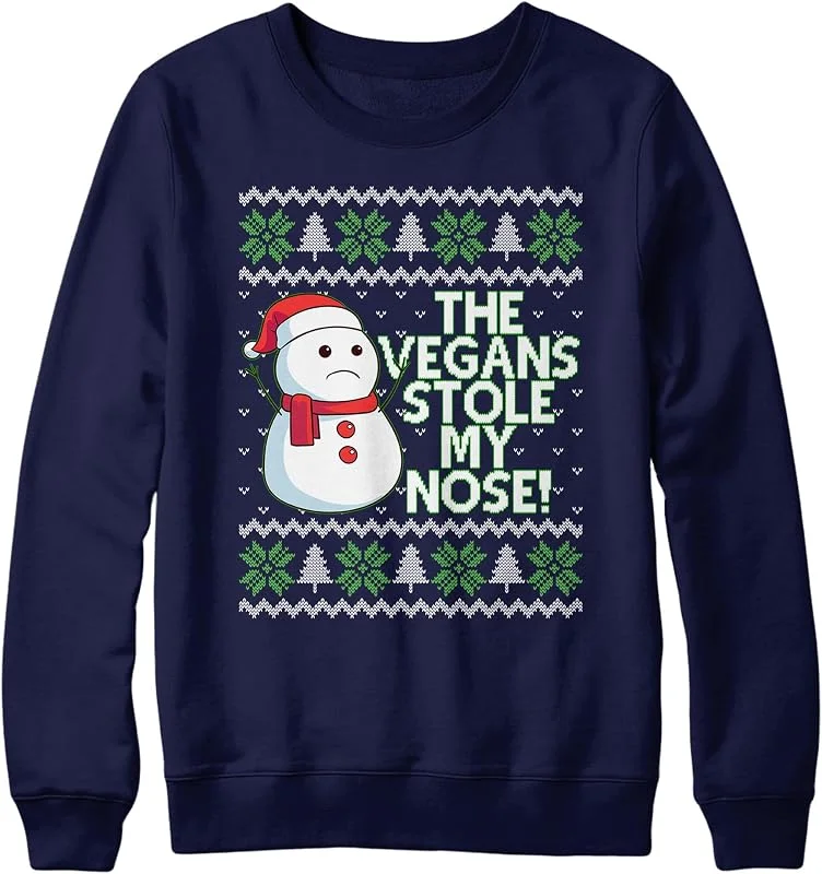 Purple Print House Suéter de Navidad vegano de muñeco de nieve, divertido y único The Vegans Stole My Nose Christmas Jumper, camiseta de regalo para vegetarianos, regalo simple para hombres y mujeres — Ropa Navidad
