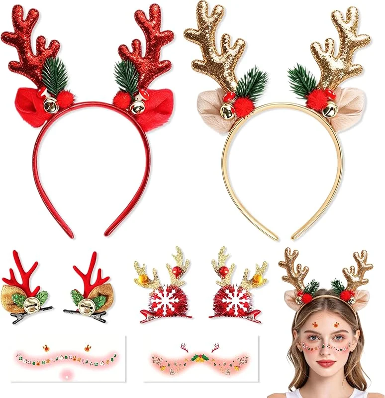 YinnFeen 6 Piezas Diadema de Reno con Cuernos, Cinta para la Cabeza de Navidad con Detalles Rojos y Dorados, Diadema de Reno Brillante para Fiestas Navideñas y Disfraces para Mujeres — Ropa Navidad