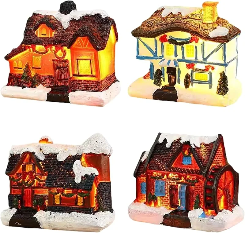 Hbbgdiy 4 Uds. Conjuntos de Pueblo navideño Casas de Pueblo navideñas de Resina iluminadas con LED con Nieve Escena de Ciudad navideña con Pilas exhibición de Mesa decoración de micropaisaje — Decoracion Navidad