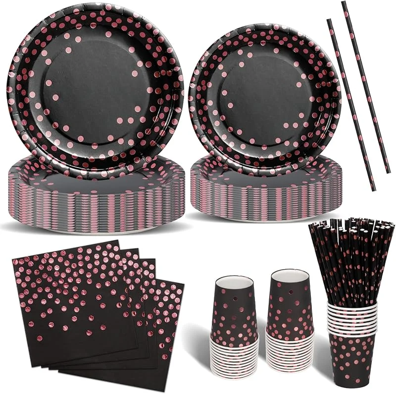 Nkaiso 120 Piezas Negro y Rosaoro Vajilla Fiesta Cumpleaños, Platos y Vaso Cumpleaños Infantil, Juego de vajilla Fiestas Platos Desechable Servilletas para Party Decoración Baby Shower -24 Invitado — Adviento y mesa