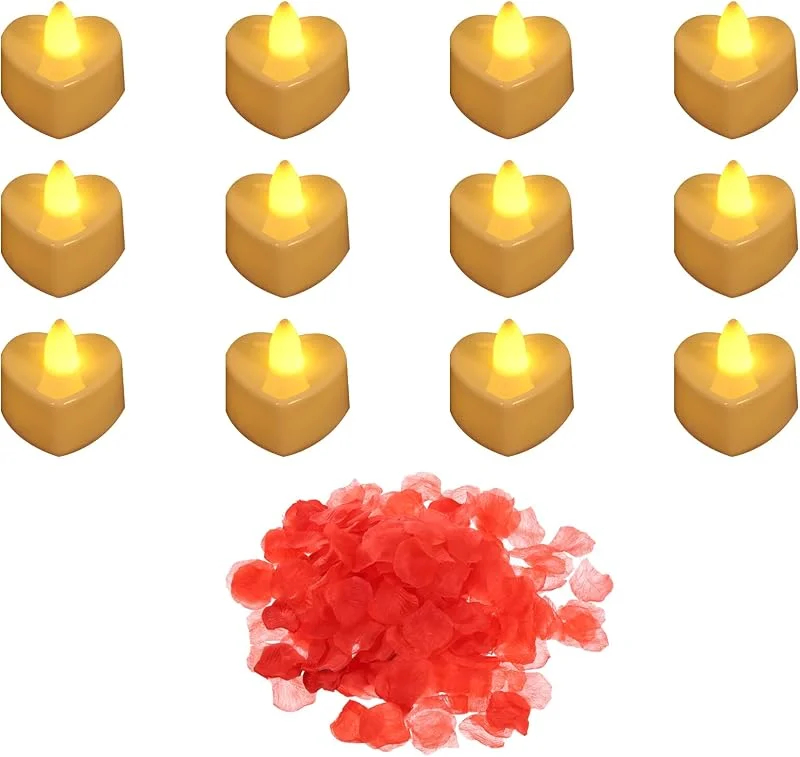 Visita la tienda de sourcing map sourcing map Velas LED en forma de corazón, sin llama, luz amarilla con pétalos de rosa roja artificiales para noche romántica, día de San Valentín, aniversario, boda, cumpleaños, 2 — Cena a la luz de velas